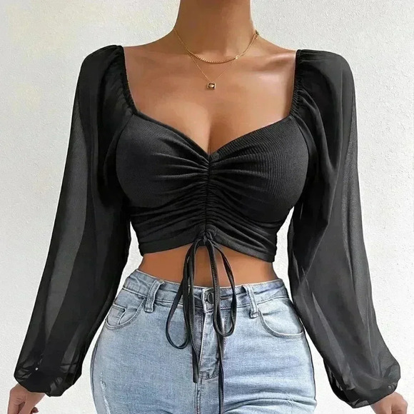 Black Casual Women's Sweetheart Neck Drawstring Lantern Sleeve Crop Top - Picture 4 of 5
